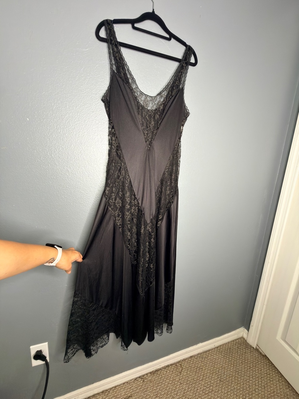 Petra 80’Vintage Black Lace-Trim Sheer Slip Lingerie Dress Whimsy goth USA Large